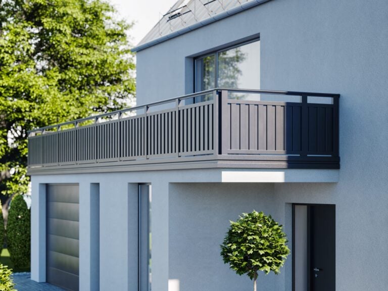 yama balkongelaender mit alu sprossen zweilagig fuer besonderen tiefeneffekt fotomontage sichtschutzbalkon