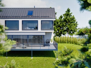 Anbaubalkon mit durchgehenden Sprossen als Balkonblende