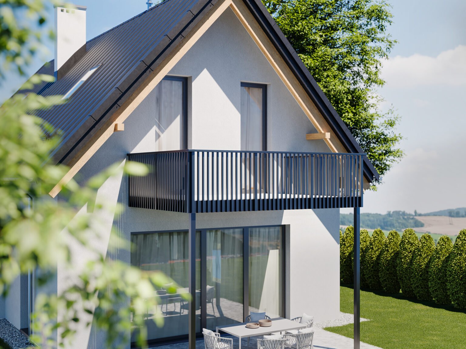 Vorstellbalkon mit geradlinigen horizontalen Lattenprofilen