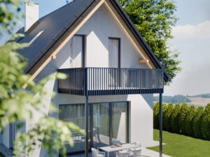 Vorstellbalkon mit geradlinigen horizontalen Lattenprofilen